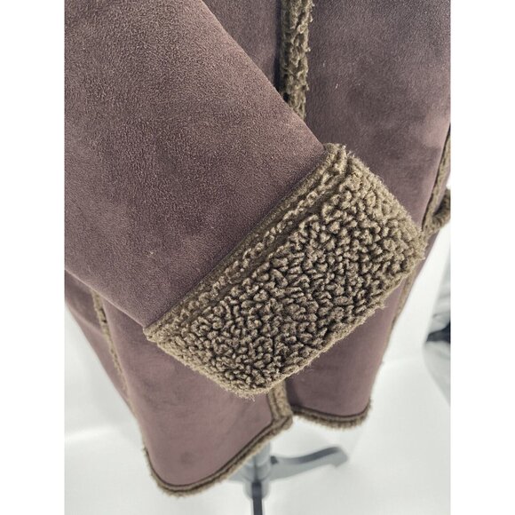 L.L. Bean Women's Faux Suede Coat Button Front Mid-Length Brown Faux Sherling LP - Picture 4 of 10